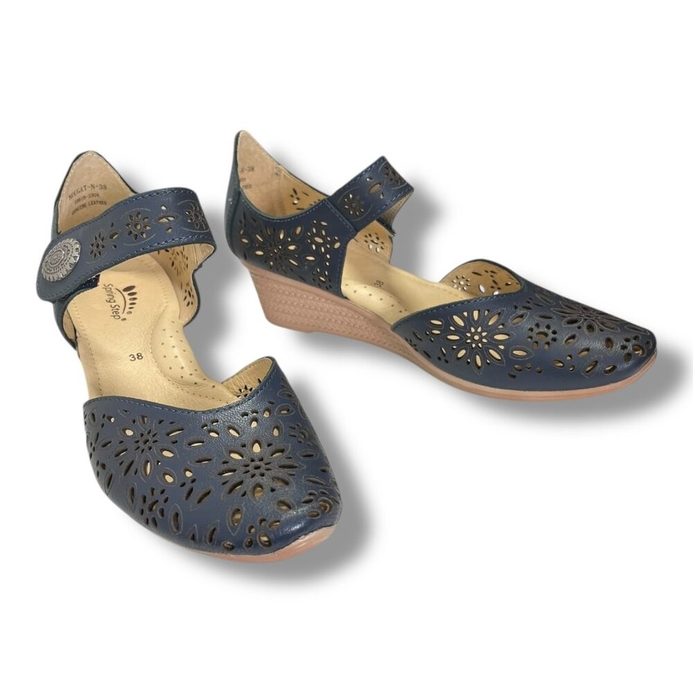 New Spring Step 38 Women's Nougat Wedge Heel Mary Jane Shoes Navy Blue Leather